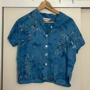 Vintage Red’s Threads blue tropical short sleeve pearl shell button up shirt